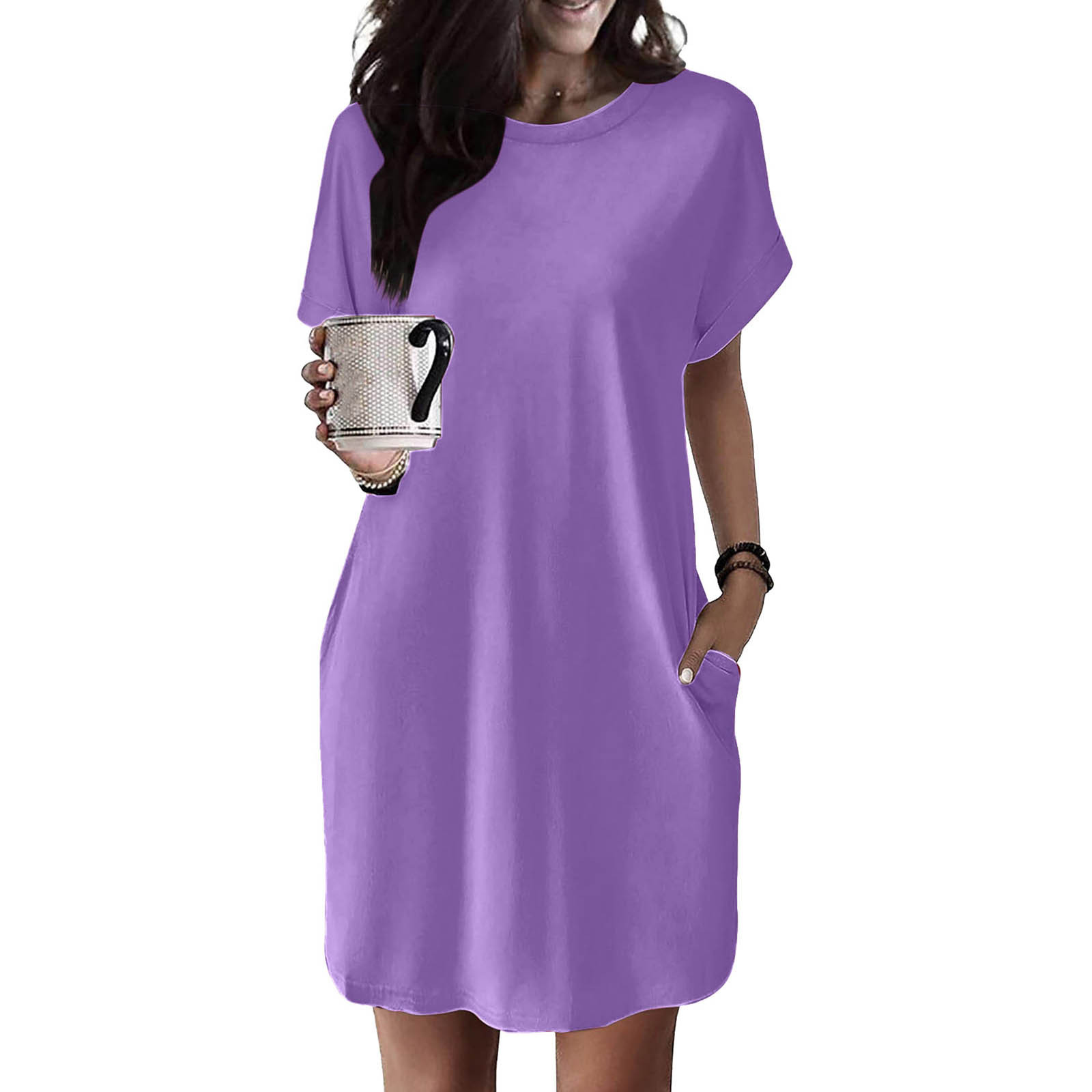 thumbnail image 2 of Vestido camiseta suave de manga corta holgado con bolsillos para mujer - Poliéster spandex, informal de verano - S-XXL, 2 of 7